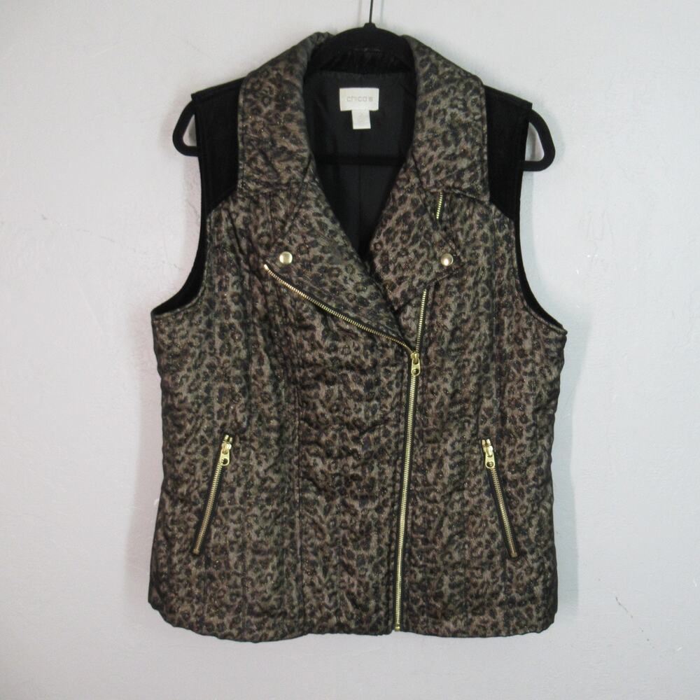 Chicos 2 Vest Women L 12 Leopard Black Velvet Lined Puffer Sparkle Zip Pockets
